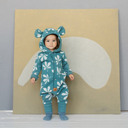 Eared Jumpsuit for Babies and Kids - Chestnut Leaves on Green